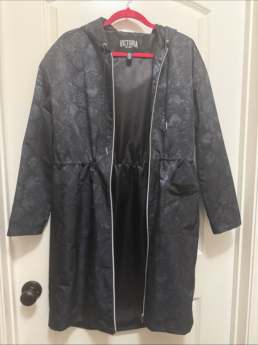 Victoria's Secret Black Hooded Trench Coat with Subtle Snake Texture